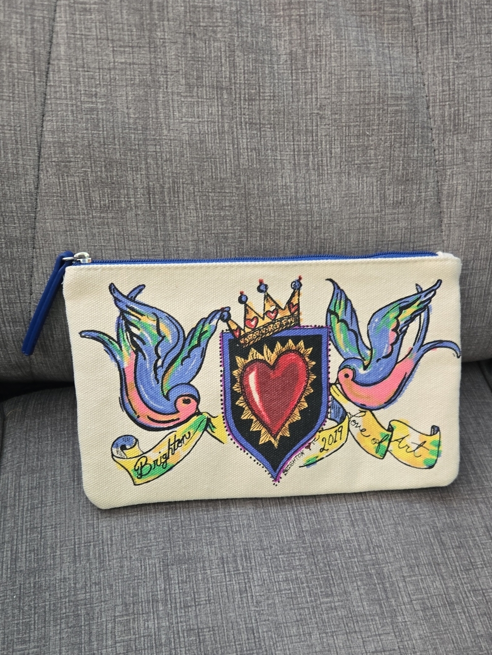 Brighton Cream Cosmetic Pouch with Multicolor Bird & Heart Motif